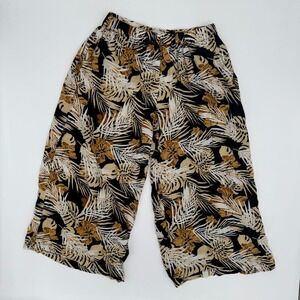 Vintage Makai Beach Shorts Womens Large Black Leaf Print Hawaiian Elastic Waist